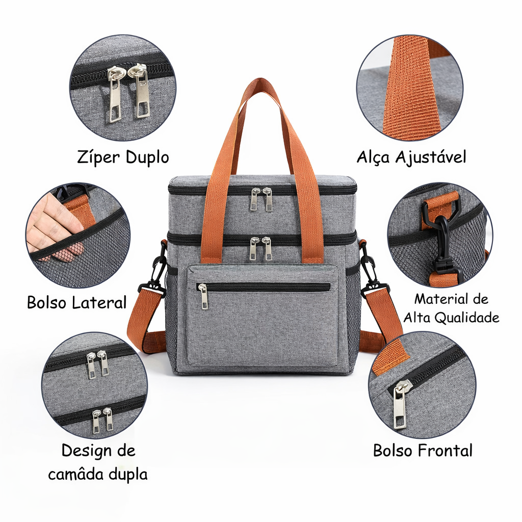 Bolsa Térmica Dupla 2 Andares Premium com Alça Ajustável – Marmita, Lancheira e Bebidas Quente ou Frio