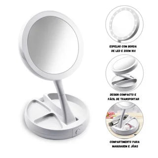 Espelho Com LED De Mesa Com Aumento 10x  Dobrável
