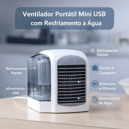 Ventilador Portátil Mini USB com Resfriamento a Água – Climatizador Silencioso e Compacto