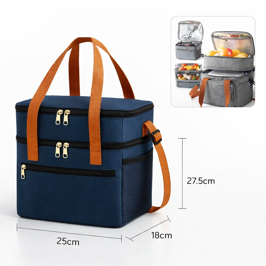 Bolsa Térmica Dupla 2 Andares Premium com Alça Ajustável – Marmita, Lancheira e Bebidas Quente ou Frio